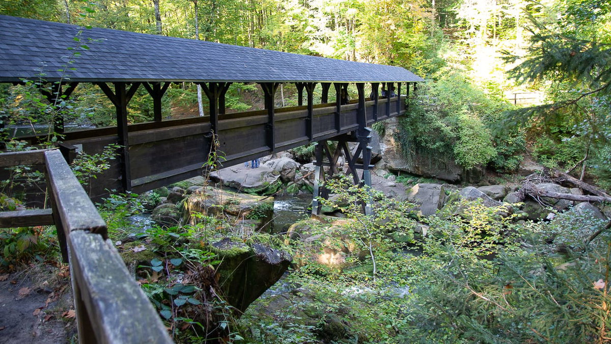 Holzbrücke an den Irreler Wasserfällen beim Camping in der Eifel