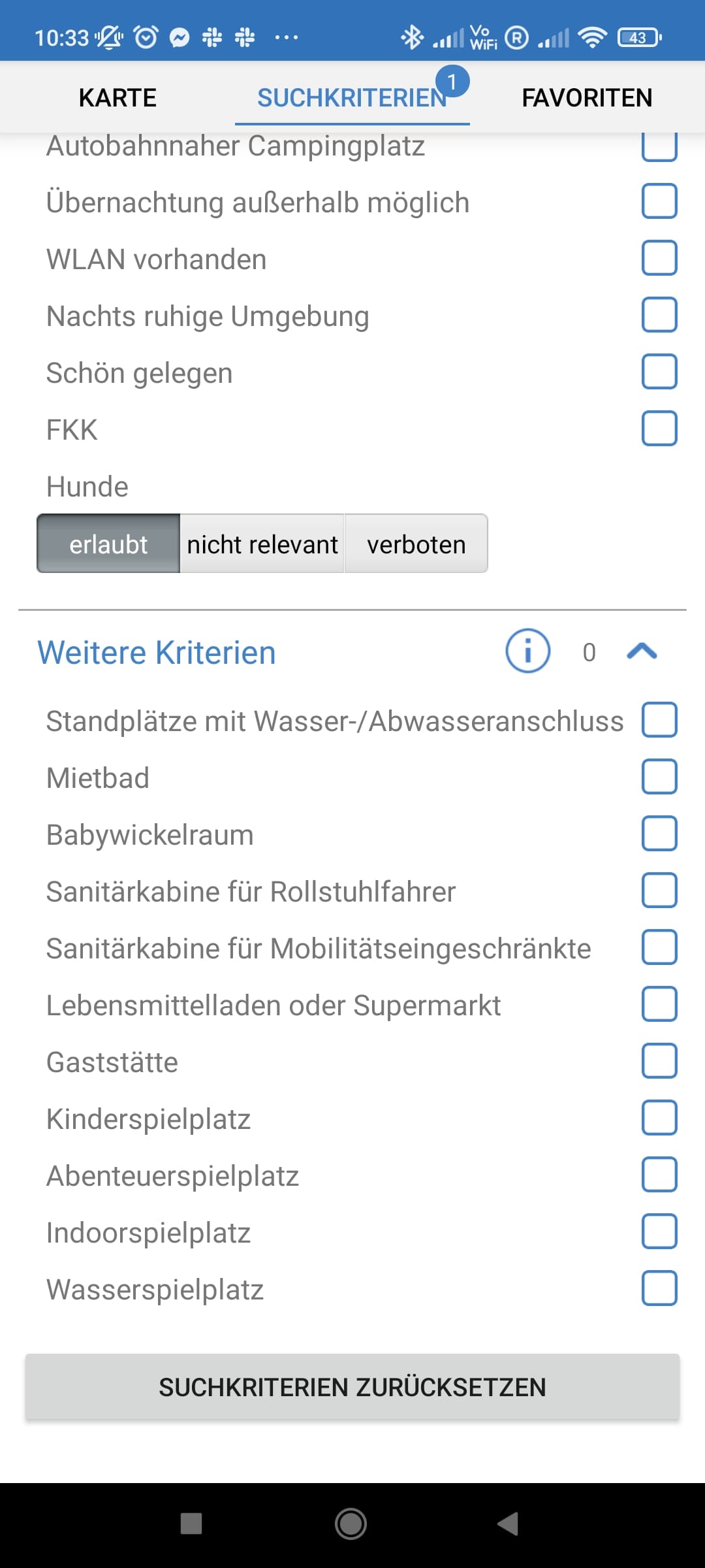 Weitere Kriterien in der ADAC Campingführer App