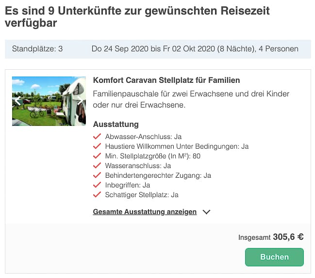 Preisübersicht bei PiNCAMP beim Campingplatz buchen
