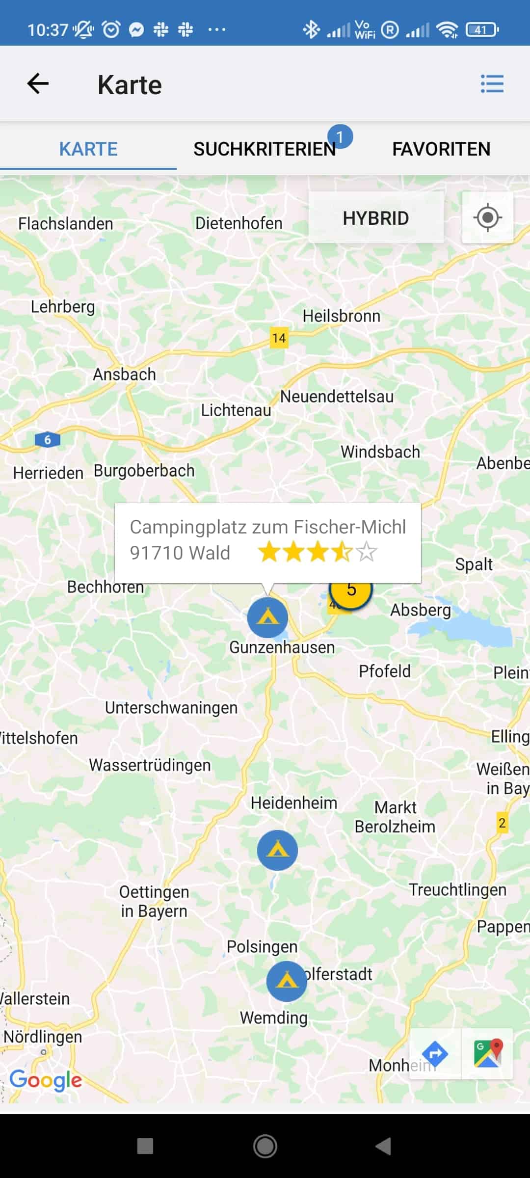 ADAC App Campingplätze Zoom des Platzeintrags