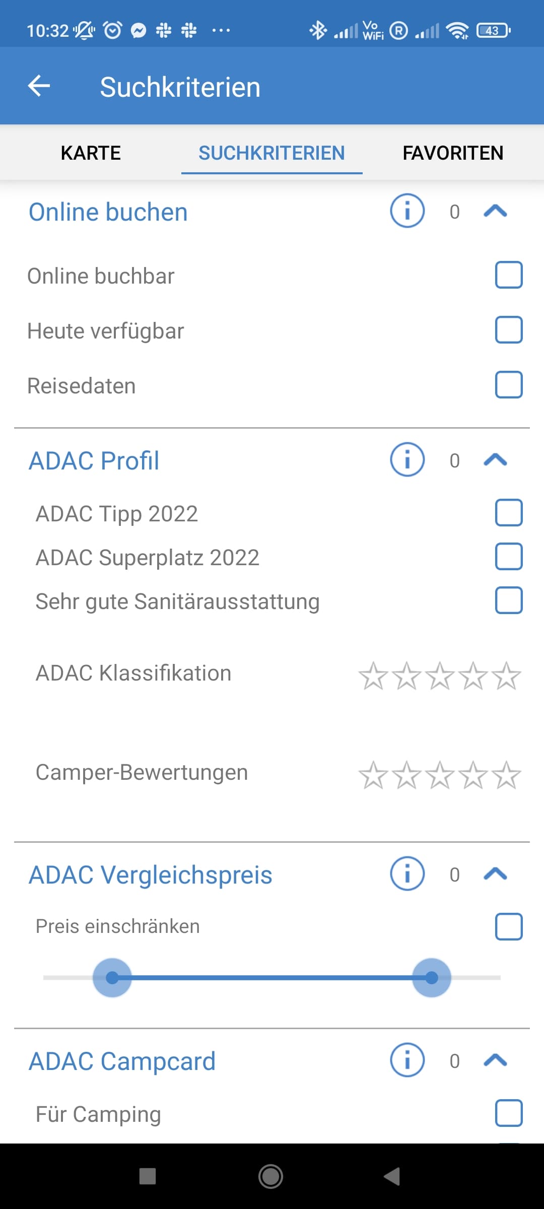 Suchkriterien und buchbare Plätze in der ADAC Camping- und Stellplatzführer App