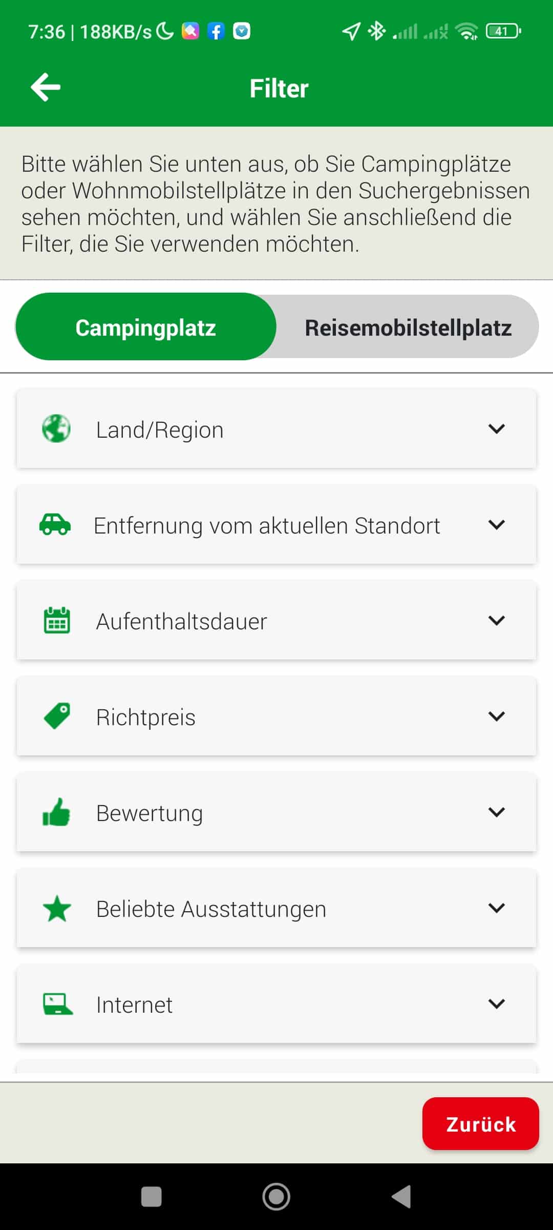 Camping Apps ACSI Filter