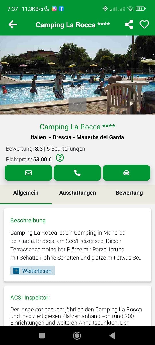 Camping Apps ACSI Platzbeschreibung