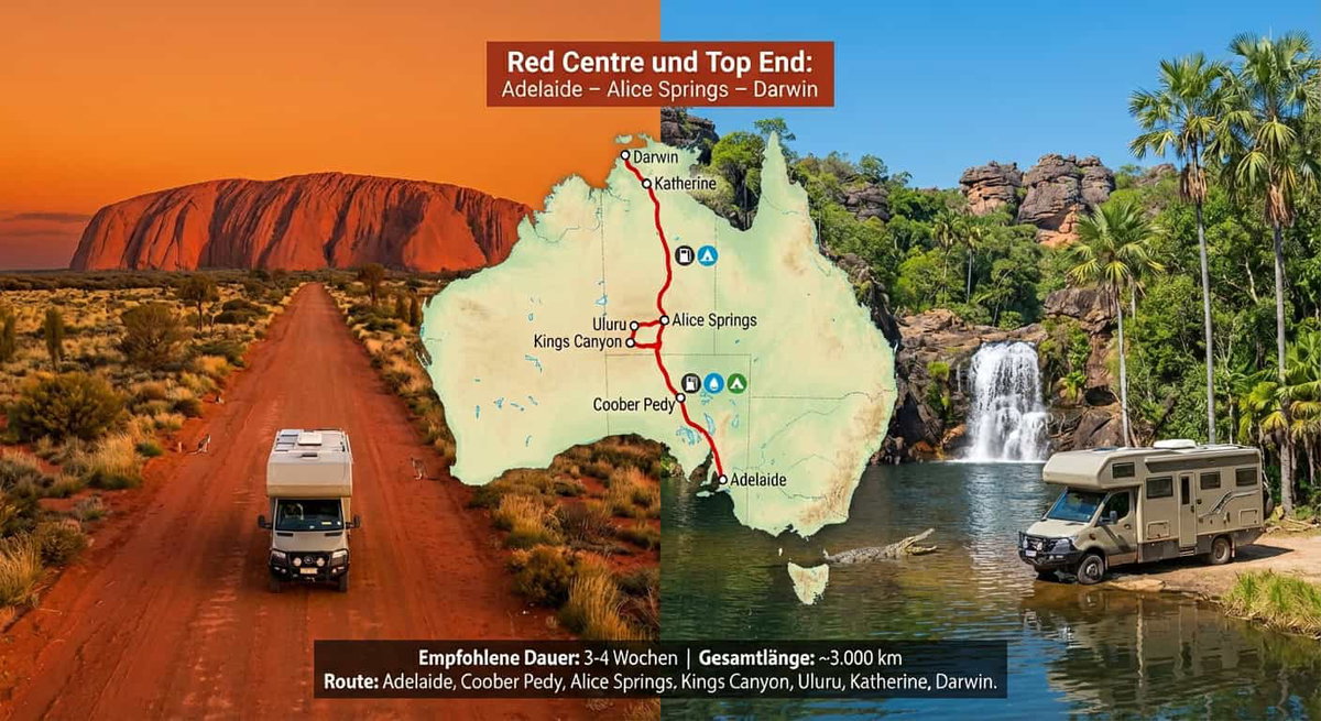 Camper in Australiens Outback mit Karte und Wasserfall im Hintergrund, klimatisiert und flexibel unterwegs.