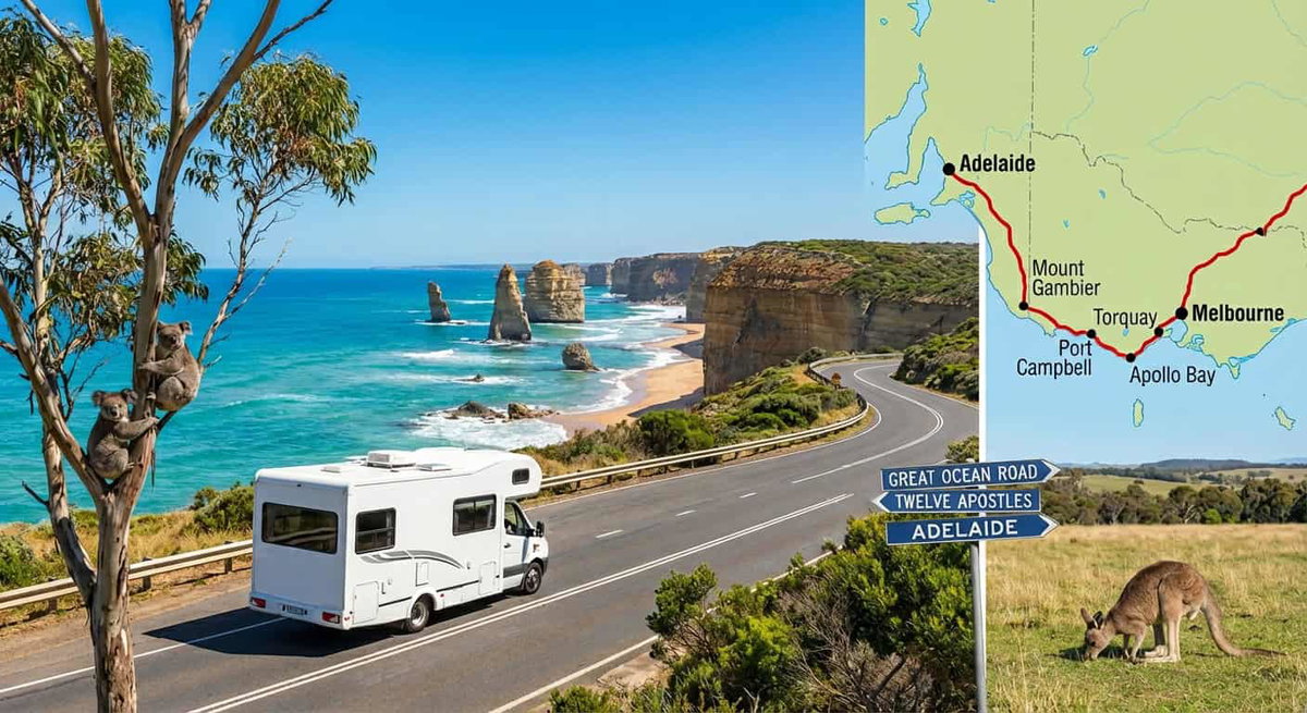 Wohnmobil auf australischer Küstenstraße mit Kängurus, Felsen und Meer im Hintergrund.