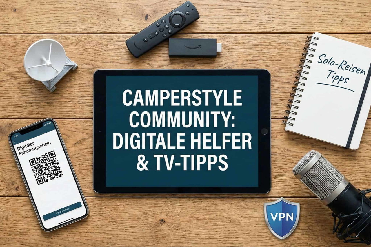 Smartphone mit QR-Code, Tablet, VPN, und Notizbuch auf Holzschirm für digitale Camper-Tipps.