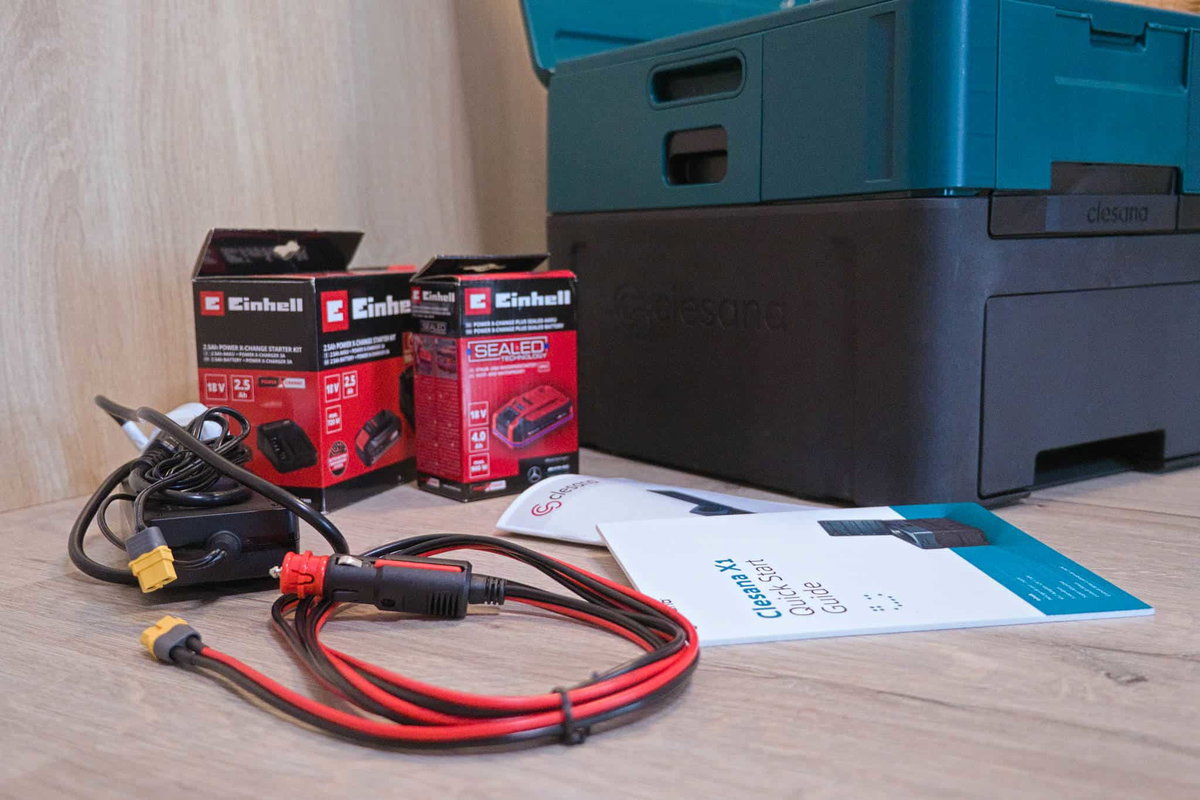 Clesana X1 im Test: Einhell-Akkus, ein Netzteil und ein 12-Volt-Anschluss für die Stromversorgung