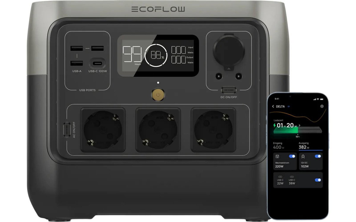 Kompakte EcoFlow Power Station mit solider Ausstattung, ideal für Camping und unterwegs, flexible Stromversorgung.