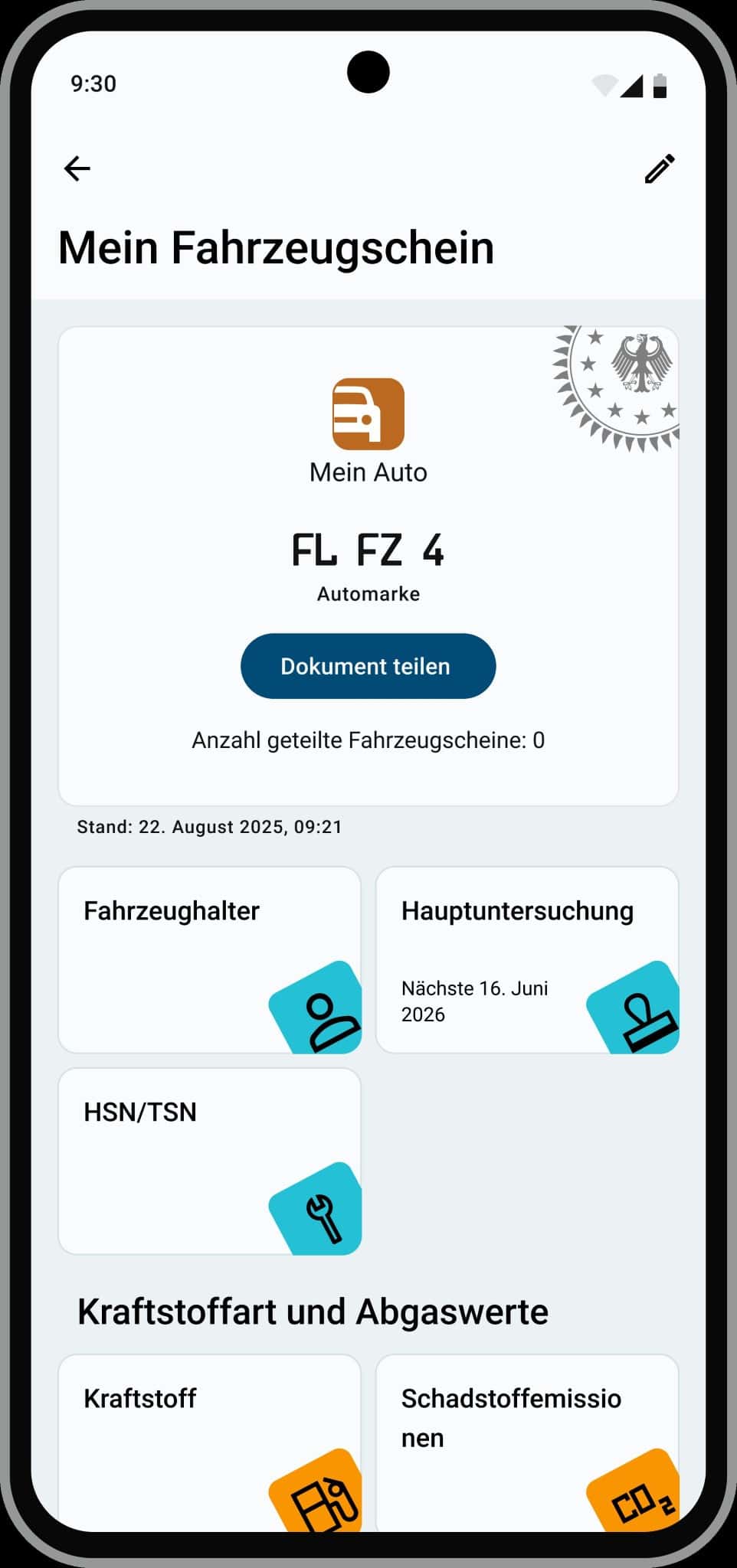 Digitale Campingwagen Zulassungskarte mit Fahrzeug- und Umweltinformationen, perfekt für Camper.