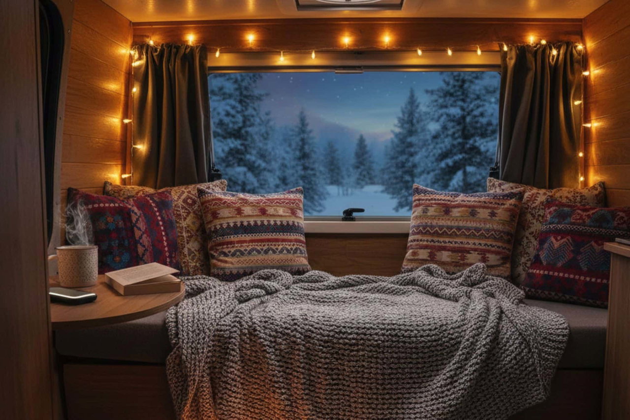 Gemütlicher Innenraum eines Camper mit Weihnachtslichtern und Blick auf verschneite Winterlandschaft.