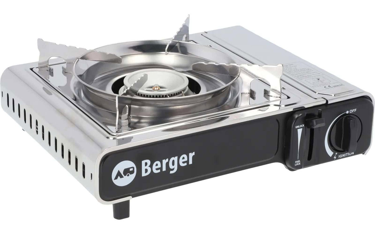 Alt Text: Tragbares Gas Kochfeld mit regulator, ideal für Camper und Outdoor-Aktivitäten.