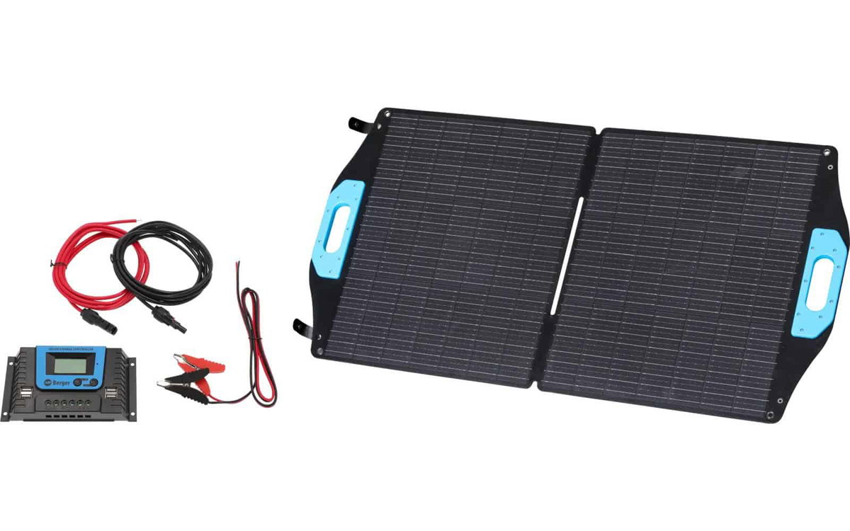 Solarmodul, Laderegler und Kabel für Camping und Vanlife.