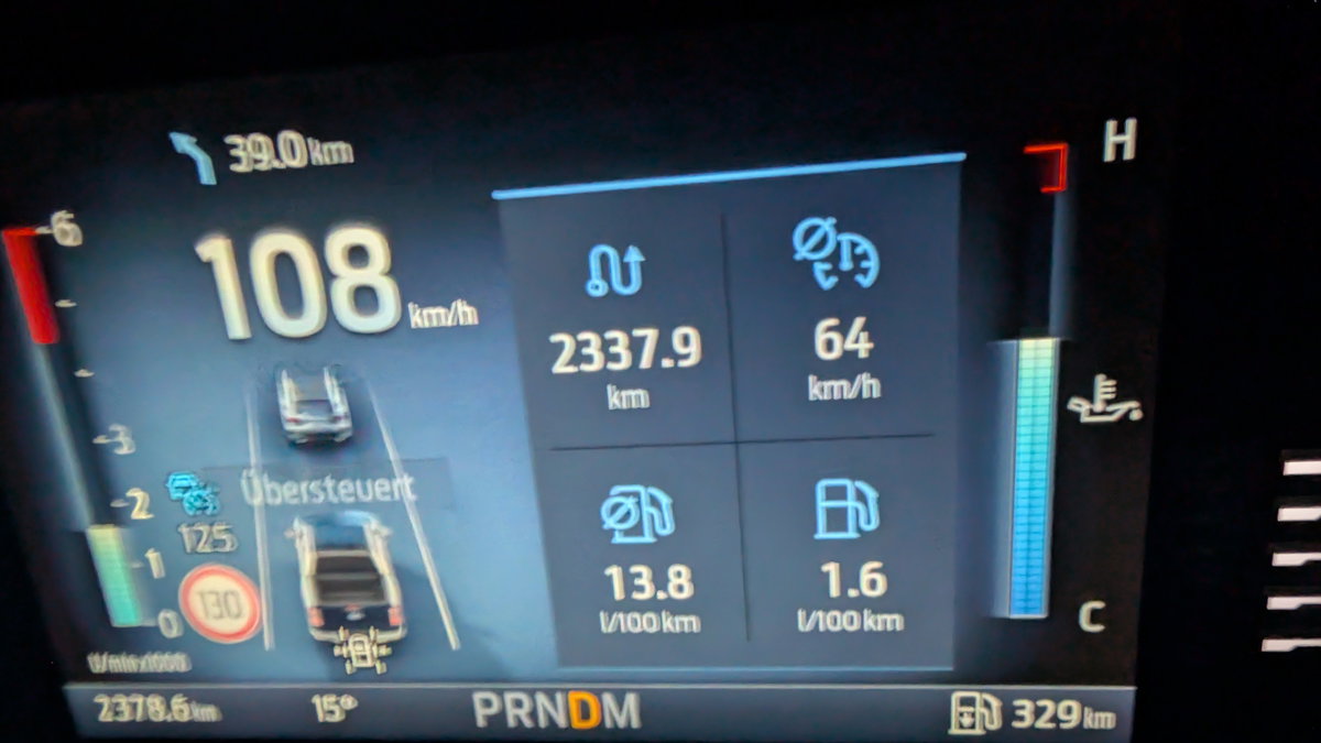 Bordcomputer des Ford Ranger mit Verbrauchsanzeige bei Fahrt mit Wohnkabine