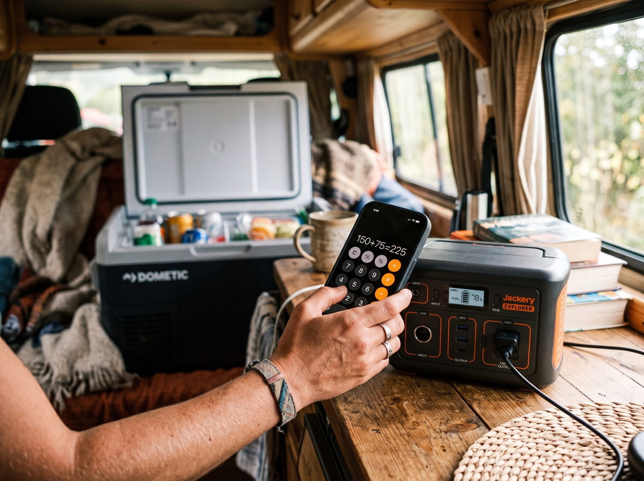Hand hält Smartphone neben Powerstation, unscharf Kühlbox im Wohnmobil im Hintergrund