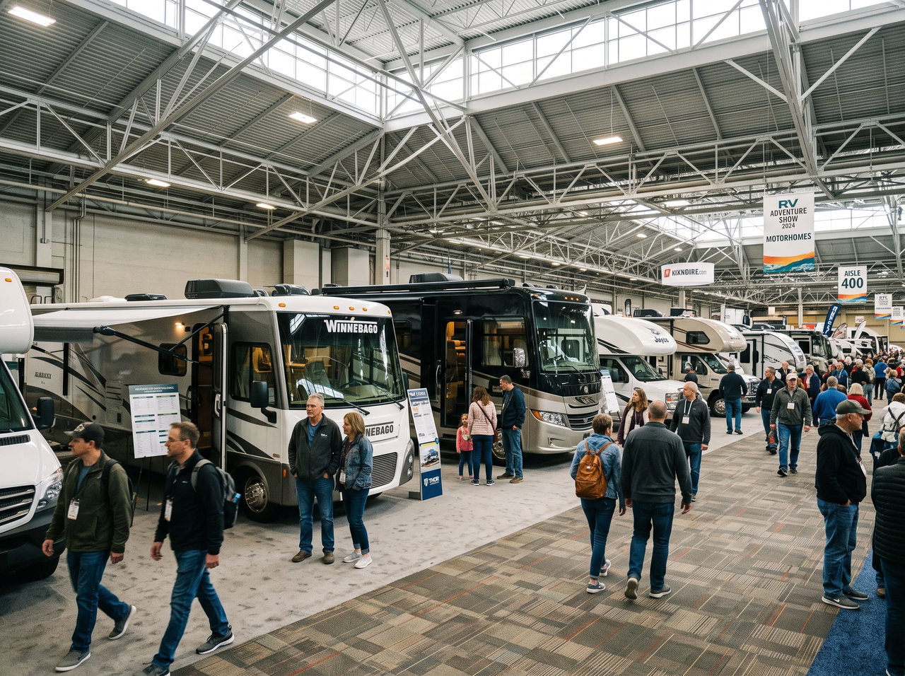 Messehalle mit aufgereihten Wohnmobilen verschiedener Größe, Besucher betrachten die Fahrzeuge von außen