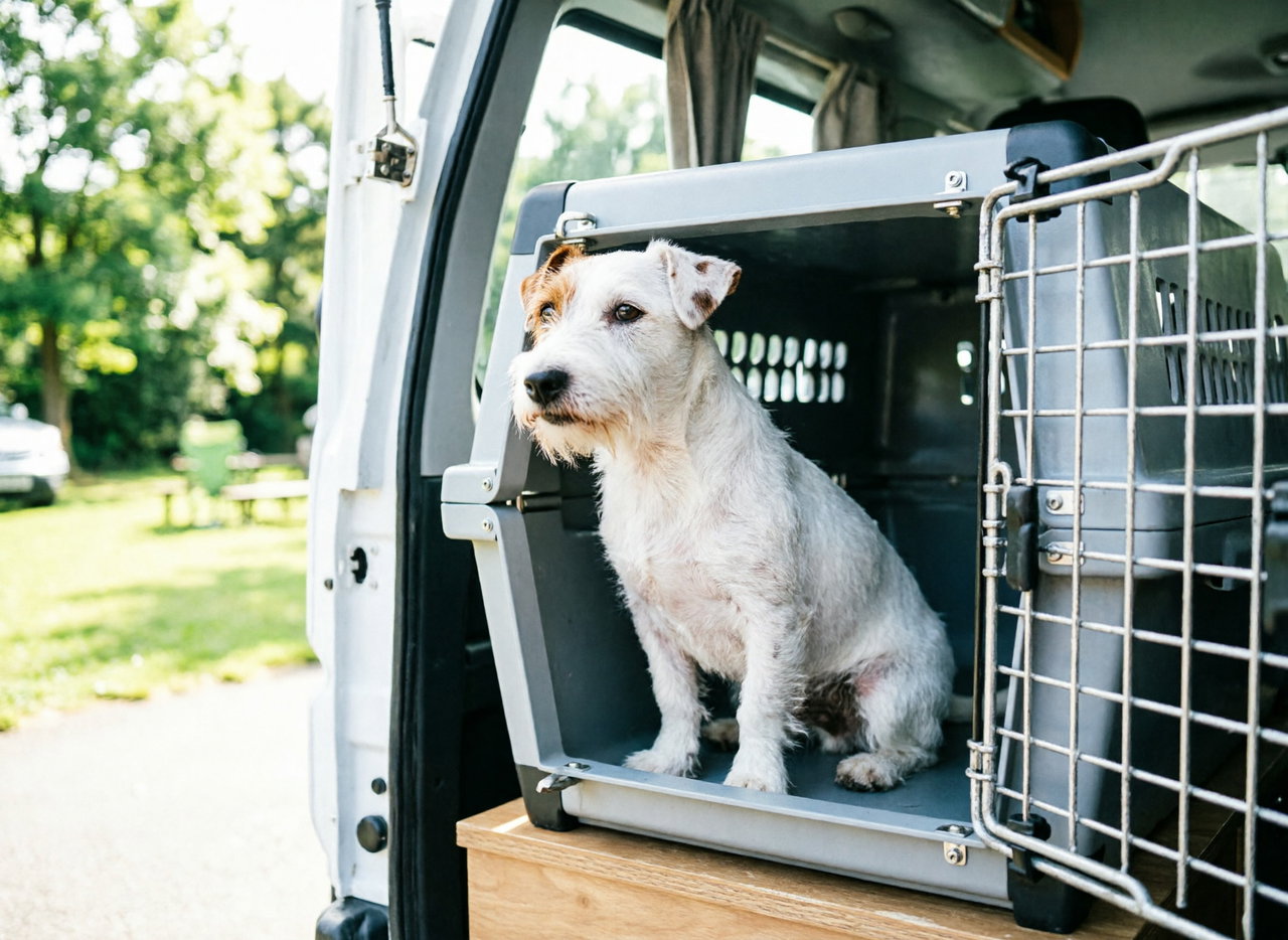 Weißer Parson-Russell-Terrier in Aluminium-Hundebox in Campervan, Tür offen, grüner Campingplatz