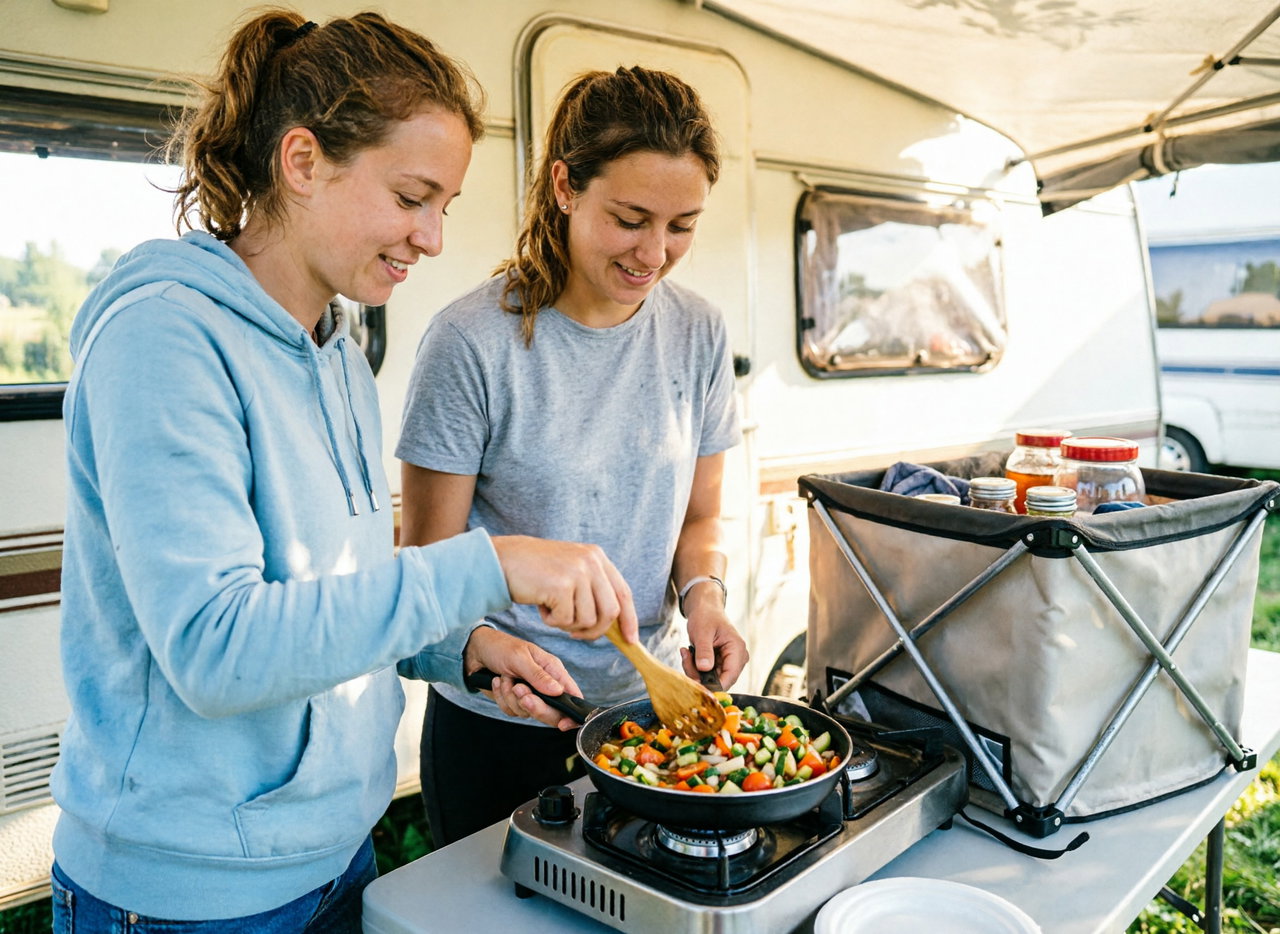 Zwei junge Frauen kochen Gemüseeintopf auf kleinem Gaskocher im Vorzelt eines Wohnwagens mit aufgebautem Organizer.